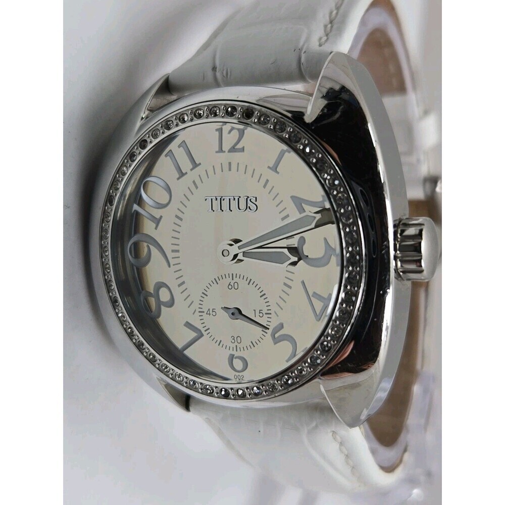 Titus Womens Watch Silver Tone Rhinestone Bezel White Leather Quartz New Battery